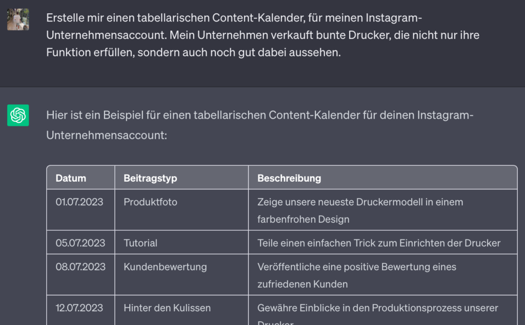Beispiel für einen Content-Kalender anhand eines Druckerunternehmens.